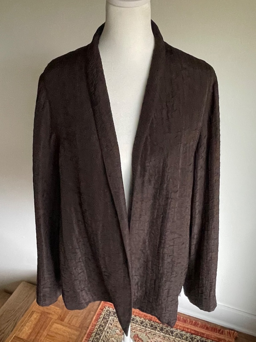 Eileen Fisher 100% Silk Lined Brown Open Front Textured Blazer Jacket